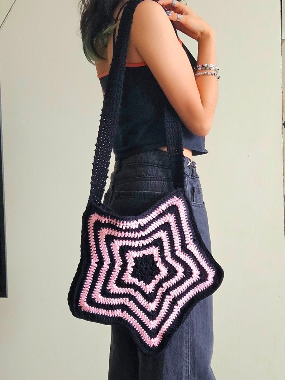 Crochet Pink and Black Star Bag - Picture 2 of 5